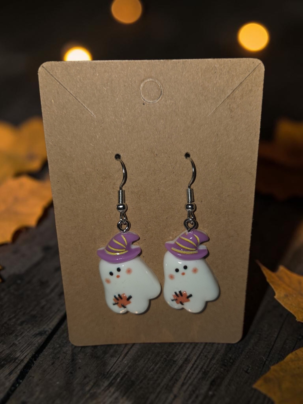 Cute White Ghost Earrings with Purple Witch Hat